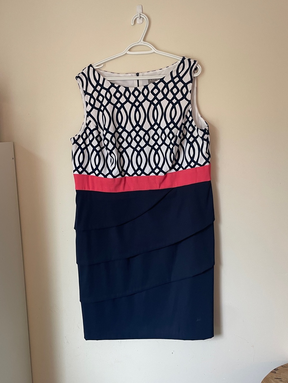 Laura 18 Sleeveless Navy and White Geometric Shift Dress with Pink Waist